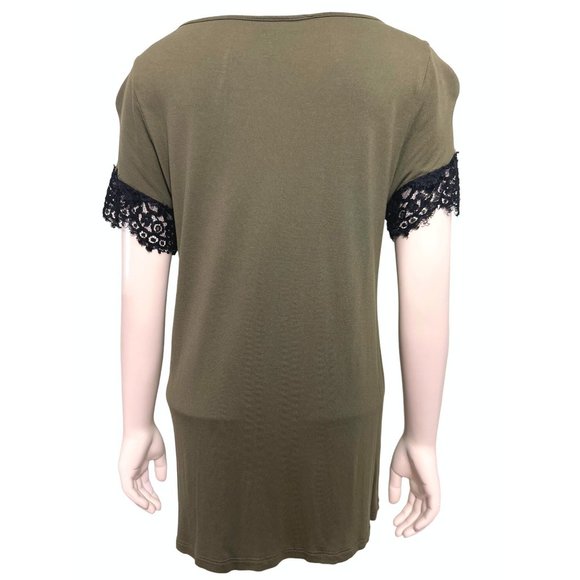 A.N.A. A New Approach Olive Green Black Lace 100% Rayon Short Sleeve Blouse Size - Picture 4 of 8